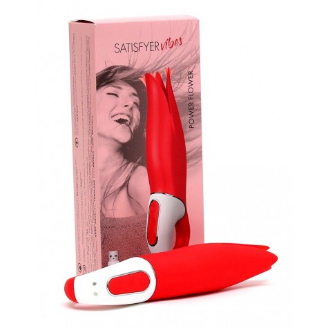 Красный вибратор Satisfyer Vibes Power Flower с лепестками - 18,8 см.